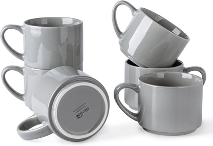 Set of 6 Modern 14oz Stackable Grey Ceramic Coffee Mugs for Hot Beverages