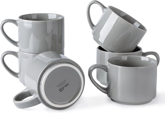 Set of 6 Modern 14oz Stackable Grey Ceramic Coffee Mugs for Hot Beverages