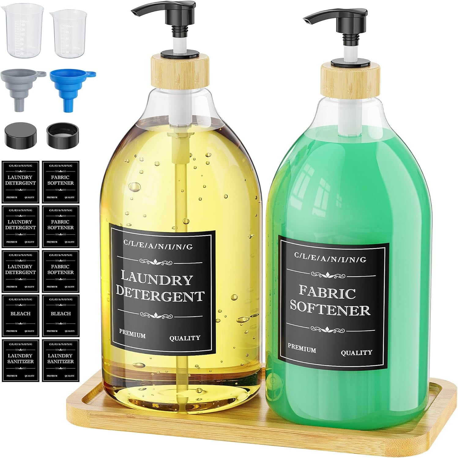 Liquid Laundry Detergent Dispenser with Bamboo Tray, 2 Pack 64 Oz Plastic Laundry Soap Dispenser, Fabric Softener Dispenser with Pump and Labels for Laundry Room Decor and Organization