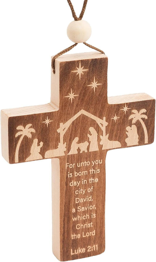 Christian Christmas Ornaments 2025, Engraved Natural Solid Wood Cross Ornament with Holy Scripture Luke 2:11, Nativity Ornaments, a Tradition Story Religious Gifts for Family, Friends, Coworker