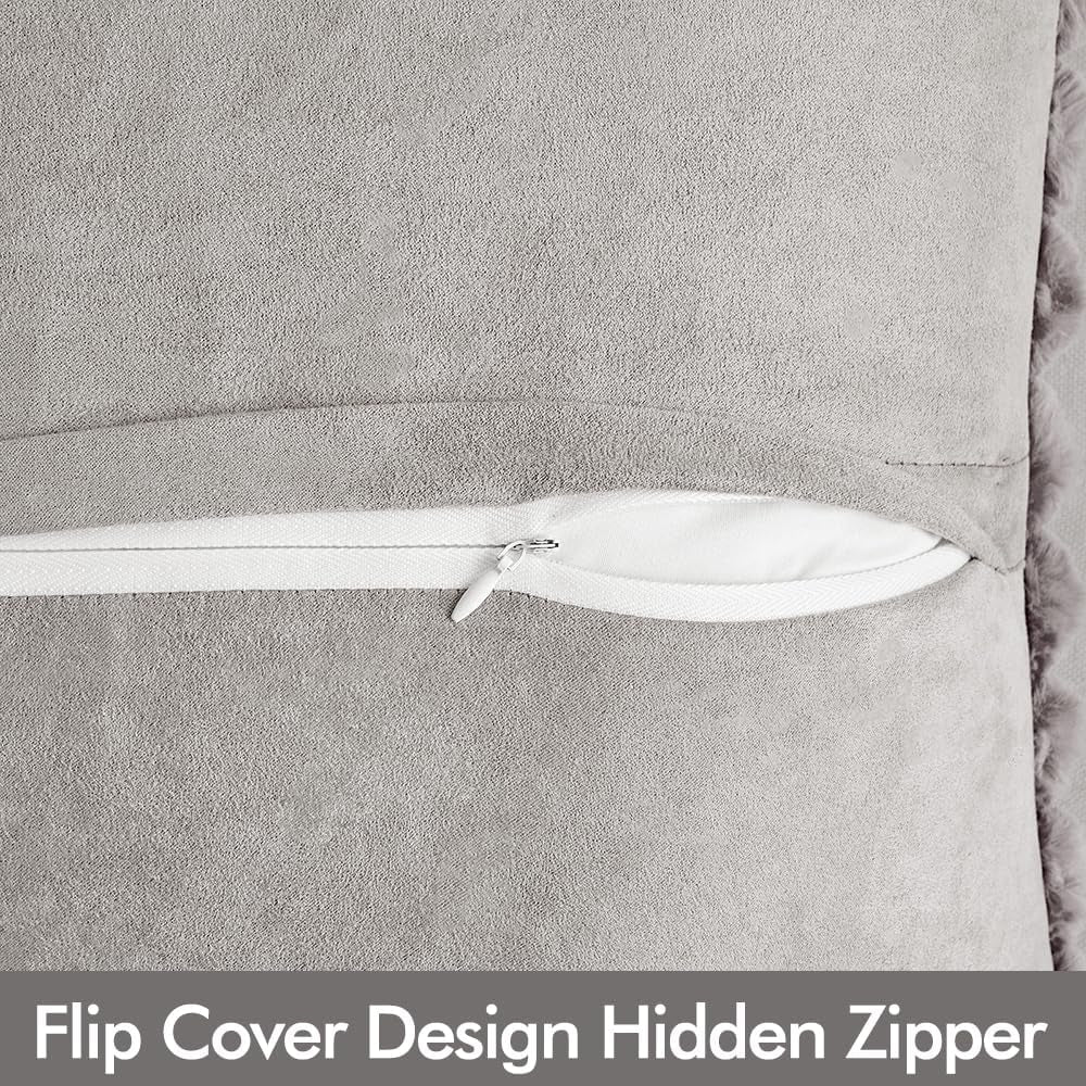 Faux Fur Plush Decorative Throw Pillow Covers Set of 2 Luxury Soft Fluffy Striped Pillowcases Cushion for Sofa Couch Bed Living Room Light Grey 18X18 Inch