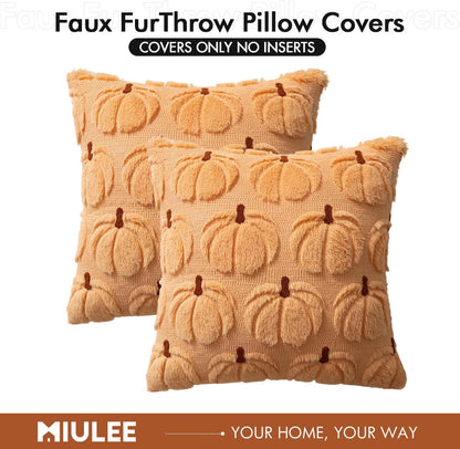 Autumn-Inspired Pumpkin Decorative Throw Pillow Covers - Set of 2, 18 x 18 Inches, Soft Plush Faux Fur for Farmhouse and Halloween Décor