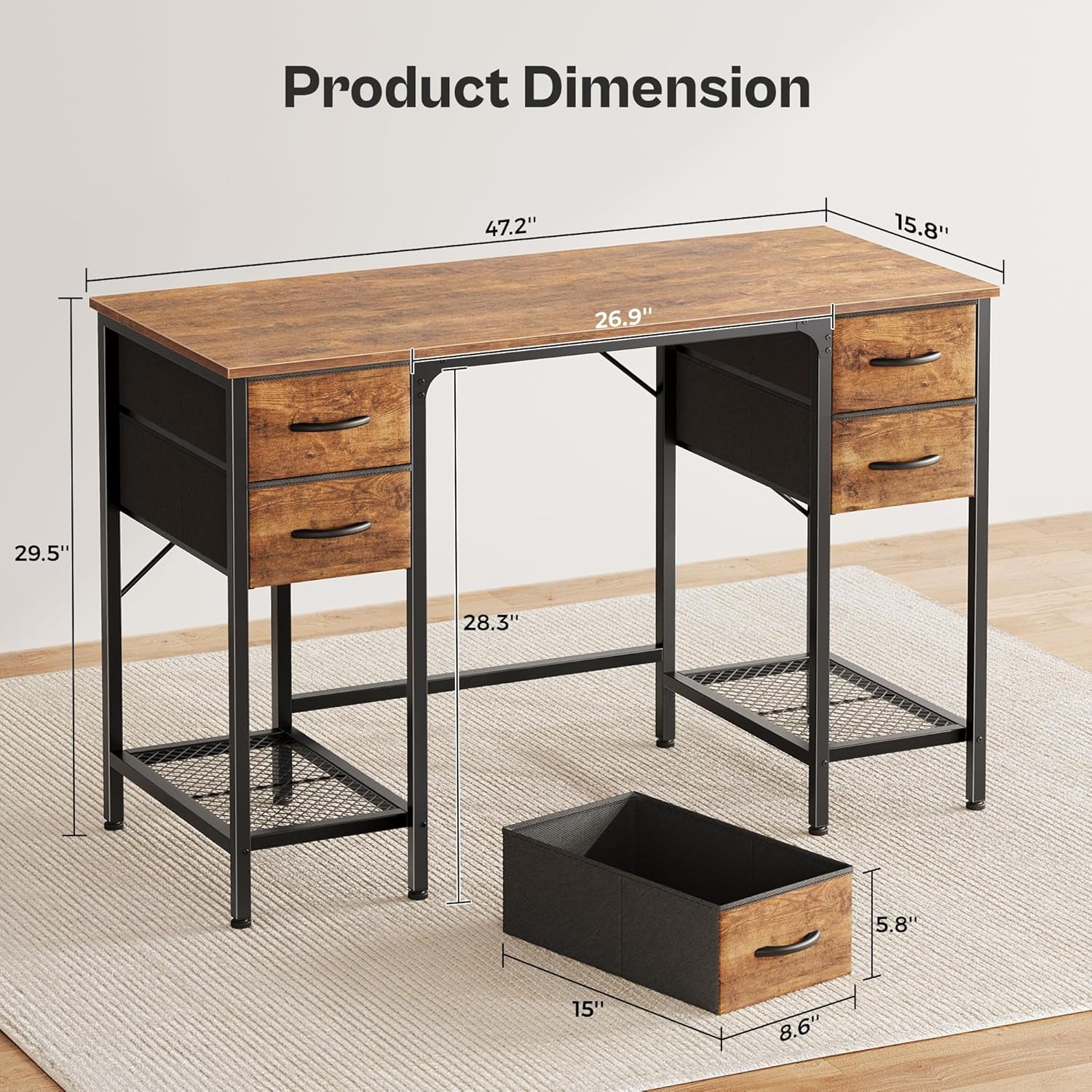 47-Inch Rustic Brown Computer Desk with 4 Drawers and Mesh Shelf for Home Office, Study, and Gaming