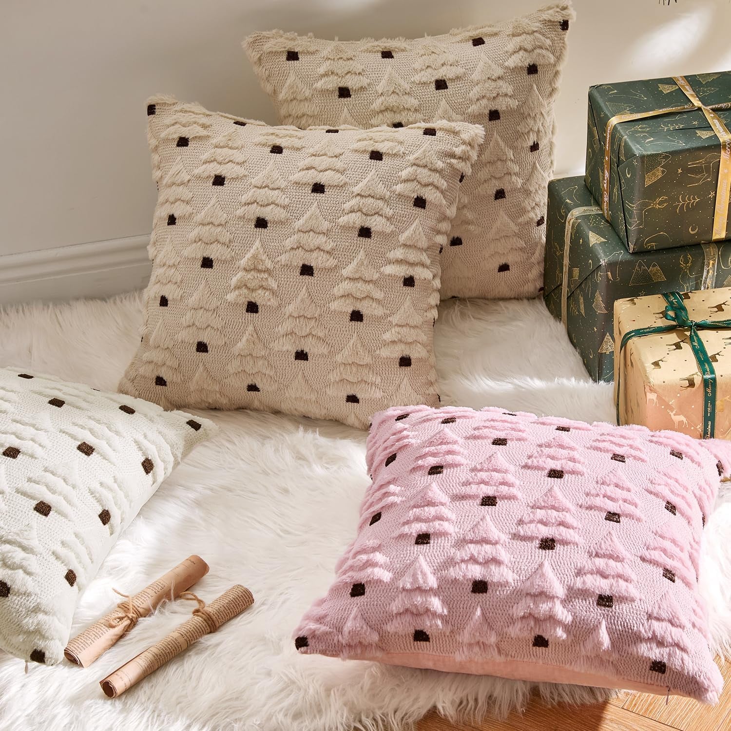 Christmas Tree Decorative Pillow Covers Faux Fur Wool Throw Pillows Soft Plush Cushion Covers Set of 2 Xmas Home Decor Winter Holiday for Sofa Couch Livingroom Bed 18X18 Inch Cream