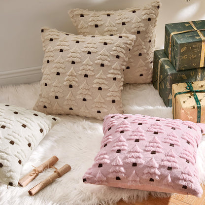 Christmas Tree Decorative Pillow Covers Faux Fur Wool Throw Pillows Soft Plush Cushion Covers Set of 2 Xmas Home Decor Winter Holiday for Sofa Couch Livingroom Bed 18X18 Inch Cream