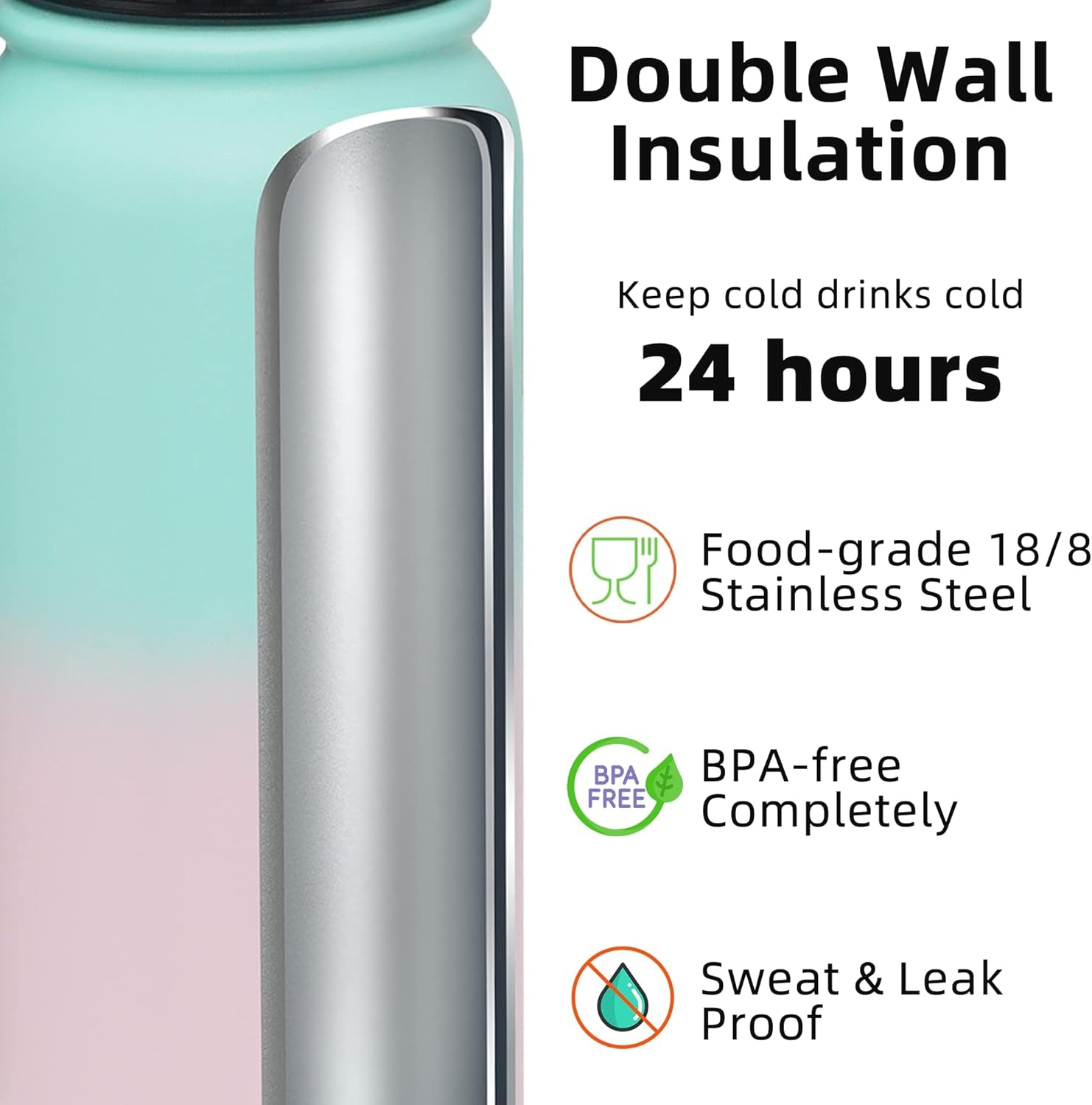 20 Oz Stainless Steel Insulated Sports Water Bottles with Straw for Kids, Men and Women (Green Pink)