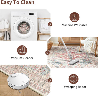 5X7 Area Rug for Living Room Washable Rugs No Pile Carpet for Entryway Bedroom Dinning Room Playroom Vintage Boho Carpet Print Distressed Non-Slip, 5 X 7 Ft, Pink