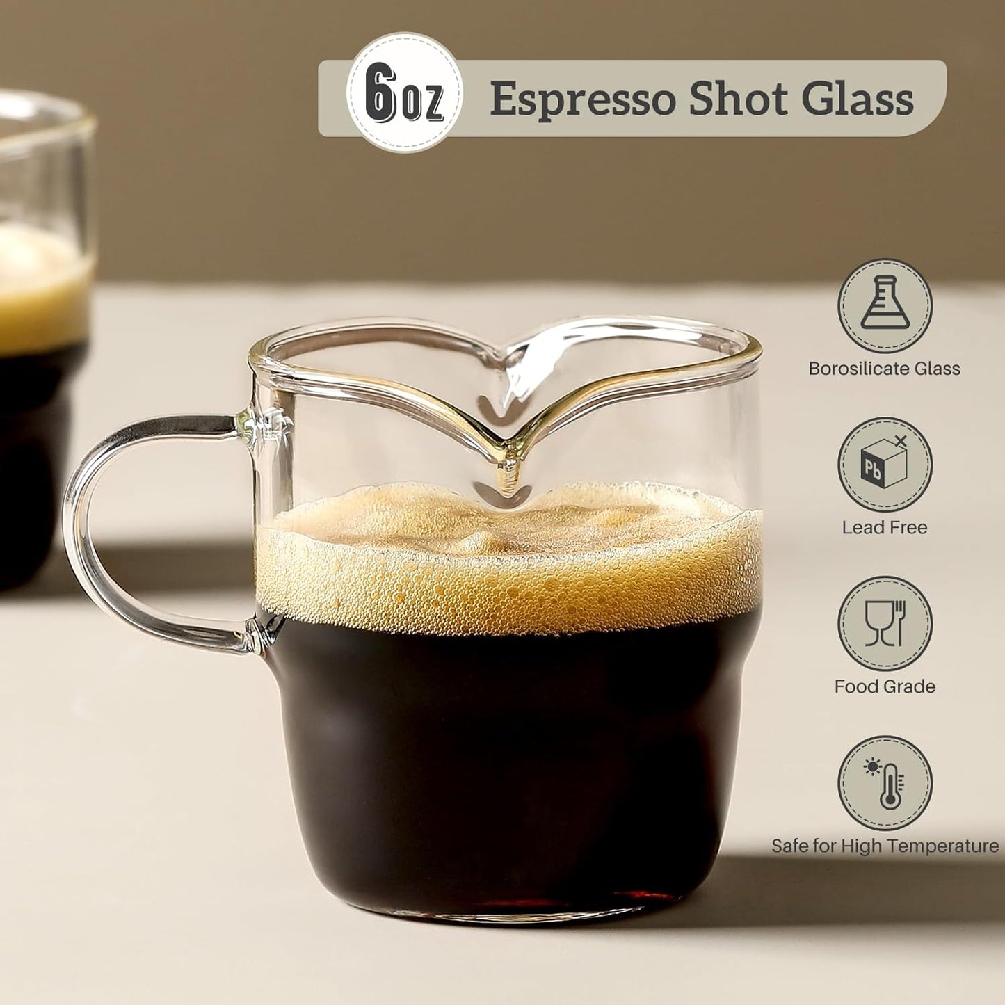 Espresso Cups Set of 2, 6 OZ Double Spouts Stackable Cups, Espresso Shots Glass Mugs with Handle, Cute Clear Glasses for Coffee Bar, Machine Accessories