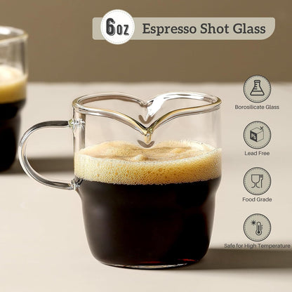 Espresso Cups Set of 2, 6 OZ Double Spouts Stackable Cups, Espresso Shots Glass Mugs with Handle, Cute Clear Glasses for Coffee Bar, Machine Accessories