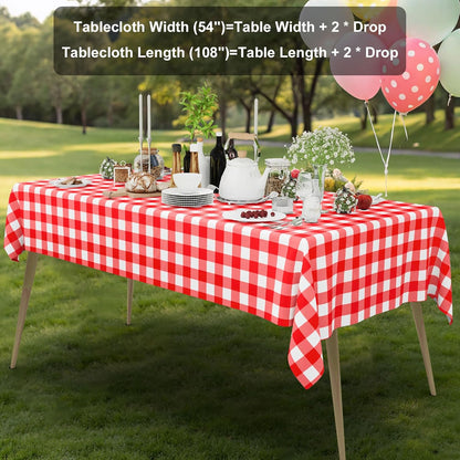 3 Packs Gingham Disposable Table Cloth, 54 X 108 Inch Waterproof Plastic Tablecloth, Rectangle Red and White Checkered Table Covers for Picnic, Birthday, Party
