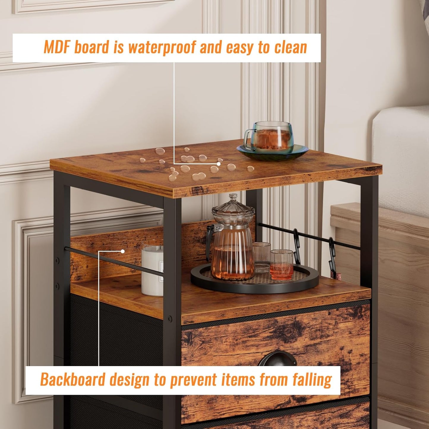 Nightstands Set 2, Bedside Table with 2 Fabric Drawers, End Table with Hooks and Shelf, Side Table for Bedroom/Living Room/Study/Hallway/Brown