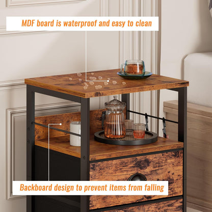 Nightstands Set 2, Bedside Table with 2 Fabric Drawers, End Table with Hooks and Shelf, Side Table for Bedroom/Living Room/Study/Hallway/Brown