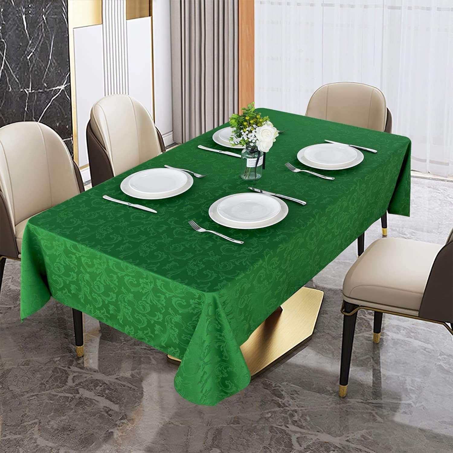 210GSM Solid Flower Jacquard Table Cloth - Heavy Duty Waterproof Wrinkle Free Microfiber Tablecloth, Decorative Fabric Table Cover for Outdoor and Indoor Use (Green, Rectangle 60 X 84 Inch)