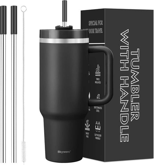 40 Oz Tumbler with Handle and Straw, 2 in 1 Lid, Vacuum Insulated Stainless Steel Double Wall Water Bottle Travel Mug - Holiday Gifts for Women Men - Black