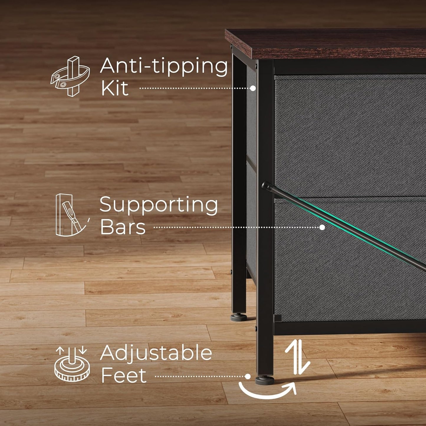 7-Drawer Fabric Dresser and TV Stand, 47-Inch Wide Chest for 43-55 Inch TVs, Metal Frame, Dark Grey, Ideal for Bedroom and Clothing Storage