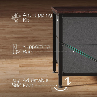 7-Drawer Fabric Dresser and TV Stand, 47-Inch Wide Chest for 43-55 Inch TVs, Metal Frame, Dark Grey, Ideal for Bedroom and Clothing Storage