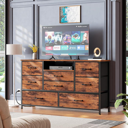 Rustic Brown Bedroom Dresser and TV Stand with 8 Drawers, Power Outlets, and Wood Desk Top - Versatile Storage Solution for Closet and Living Room