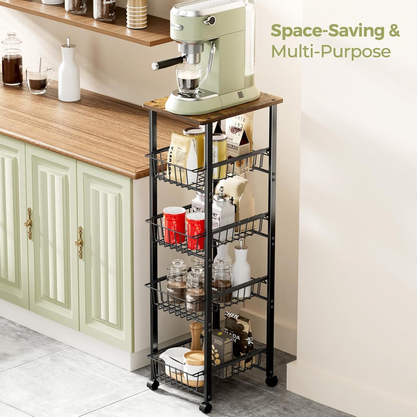 Fruit Vegetable Basket for Kitchen,5 Tier Kitchen Organizer and Storage Cart with Wheels,Slide-Out Baskets and Wood Top,Pantry Storage Cart W11-4/5*D16-7/16*H42-7/16