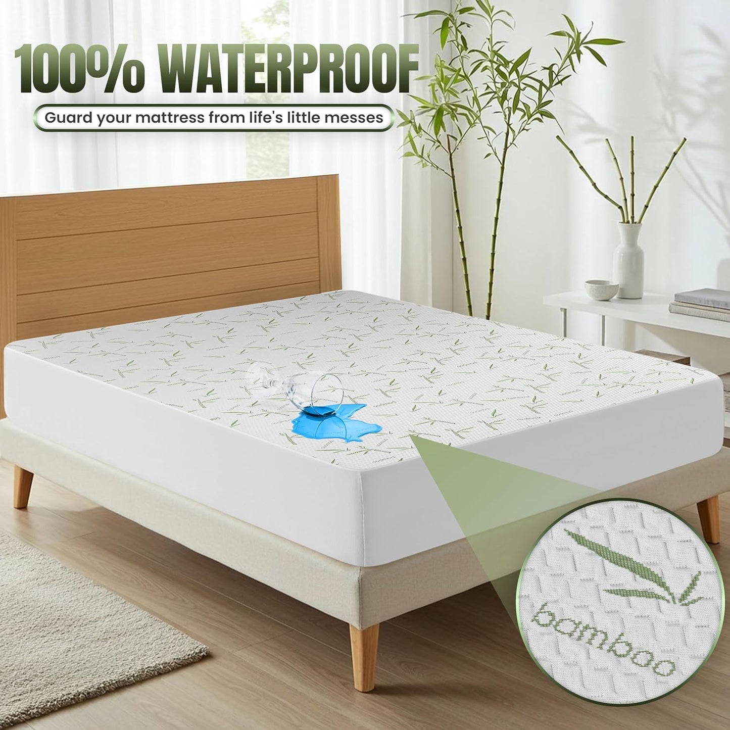 Waterproof Cooling Mattress Protector Queen Size, 200 GSM Viscose Made from Bamboo Mattress Cover, Fits 17 Inches Deep, Fitted Style with Stretchable Pockets