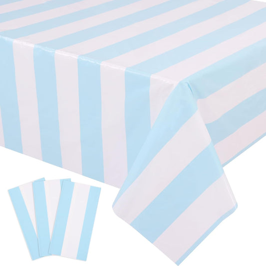 3 Packs Light Blue and White Striped Table Cloth 54 X 108 Inches Bluey Stripe Table Cover Disposable Plastic Beach Tablecloths Waterproof Rectangle Picnic Tablecover for Pool Birthday Party