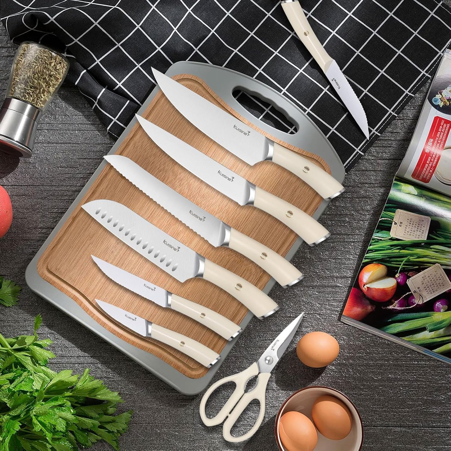 Kitchen Knife Set,High Carbon Stainless Steel Ultra Sharp Blade Ergonomic Handle,Knife Block Set with Built-In Sharpener,Elegant Gift for Holiday(Irovy-Acacia,15Pcs)