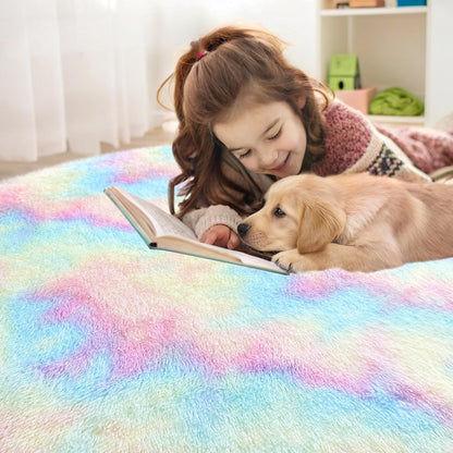 Rainbow round Rugs for Bedroom - Machine Washable, 4X4 Feet Circle Area Rugs for Living Room, Soft and Fluffy Shaggy Carpet for Teen Girls and Boys, Nursery Rooms, Dorms, Home Decor Aesthetic