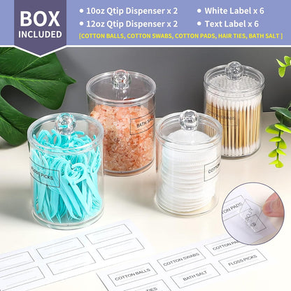 Qtip Holder Dispenser - 4 Pack 10Oz, 12Oz Clear Plastic Apothecary Jars Set - Restroom Bathroom Makeup Organizers Containers for Cotton Ball/Swab/Round Pads, Floss, Hair Ties, Bath Salt