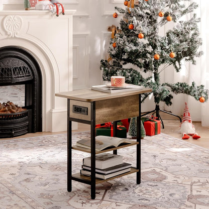 End Table with Charging Station, Flip Top Side Table with USB Ports and Outlets, Sofa Couch Table Bedside Table for Living Room Bedroom, Narrow Nightstand with Storage Shelves for Small Space