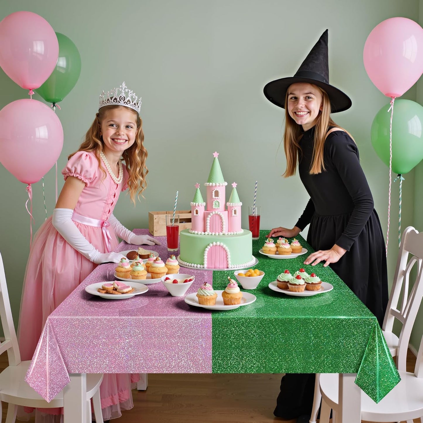 2-Pack Iridescent Green and Pale Pink Holographic Tablecloths 40x108" - Shiny Plastic Table Covers for Celebrations, Baby Showers, Birthdays, Weddings, Anniversaries, Bachelorette Parties, and Holiday Events