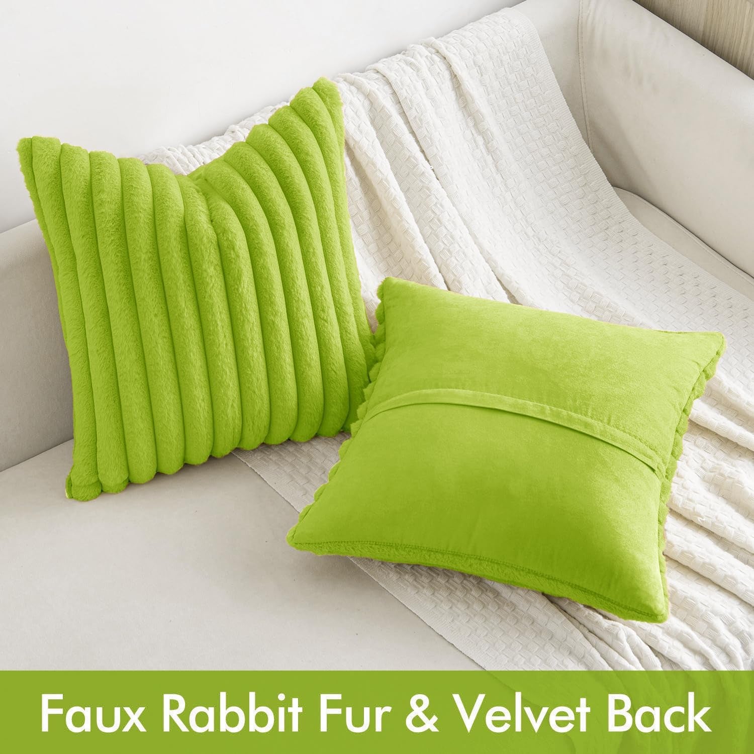 Faux Fur Plush Decorative Throw Pillow Covers Set of 2 Luxury Soft Fluffy Striped Pillowcases Cushion for Sofa Couch Bed Living Room Christmas Green 16X16 Inch