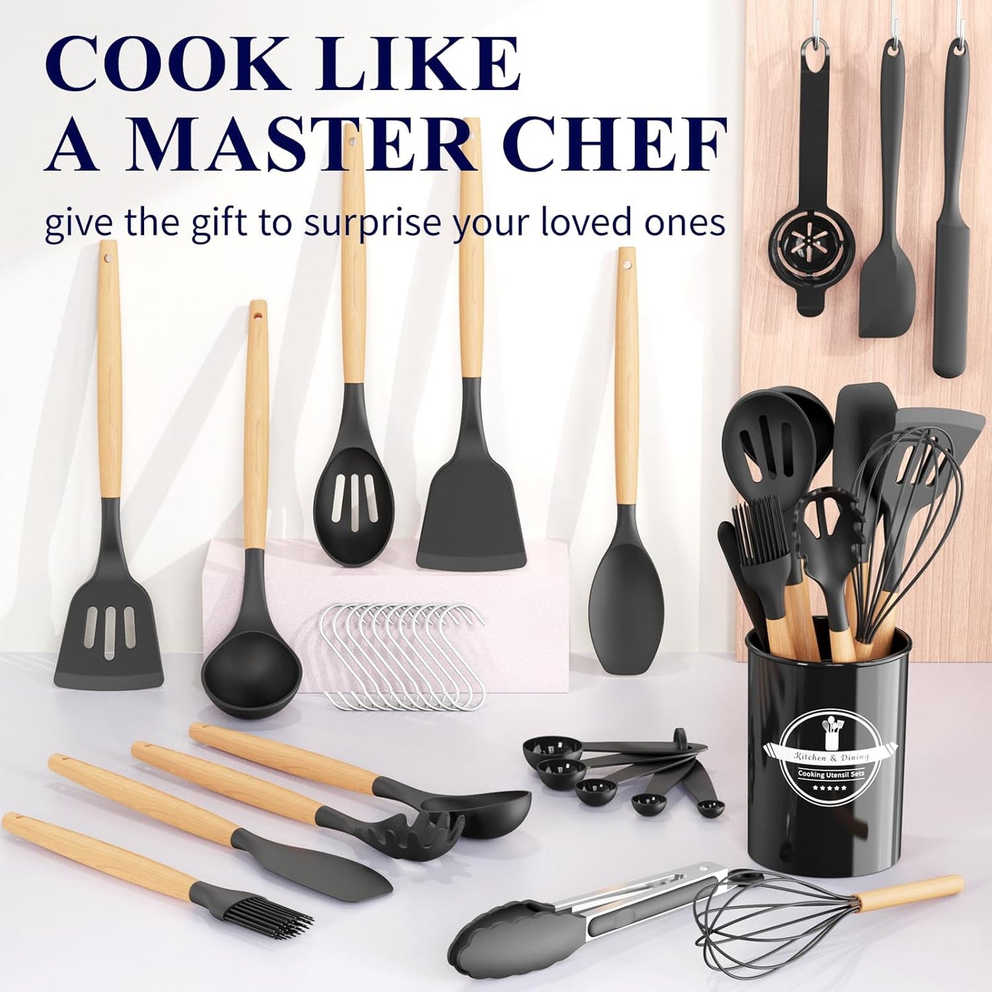 Kitchen Utensils Set - 30 PCS, Silicone Cooking Utensils Set with Holder, 446℉ Heat-Resistant Silicone Kitchen Utensils Set with Wooden Handle for Non-Stick Cookware, Black