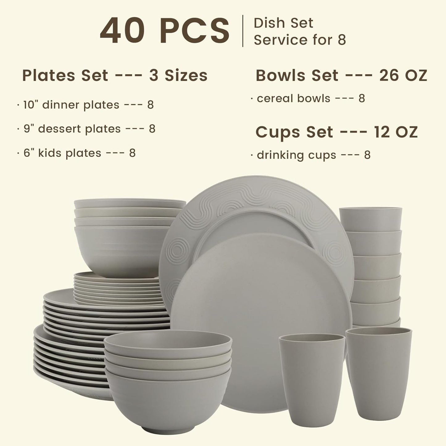 40-Piece Grey Wheat Straw Dinnerware Set, Durable and Non-Breakable Tableware for 8, Microwave, Dishwasher, and Freezer Safe
