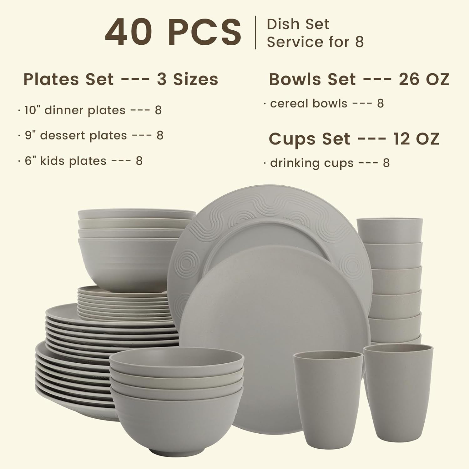 40-Piece Grey Wheat Straw Dinnerware Set, Durable and Non-Breakable Tableware for 8, Microwave, Dishwasher, and Freezer Safe