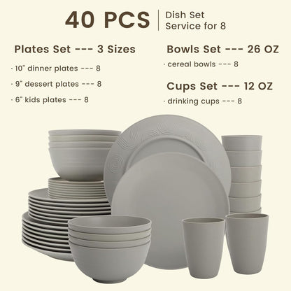 40-Piece Grey Wheat Straw Dinnerware Set, Durable and Non-Breakable Tableware for 8, Microwave, Dishwasher, and Freezer Safe