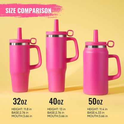 32Oz Water Bottle with Straw, Tumbler with Handle & Lid, Insulated Water Bottle with Straw Cover Cap, Travel Coffee Mug for Hot/Iced Water, Tea or Coffee, Bpa-Free, Cupholder Friendly, Passion Pink