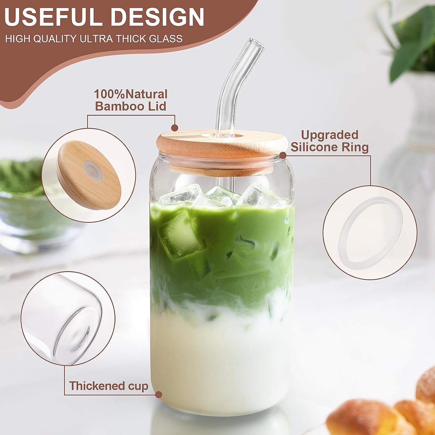 Iced Coffee Cups with Lids 2 Pcs,16 Oz Glass Cups with Lids and Straws as Coffee Bar Accessories,Beer Drinking Glasses,Reusable Glass Tumbler,Cute Coffee Cups for Coffee, Juice, Gifts