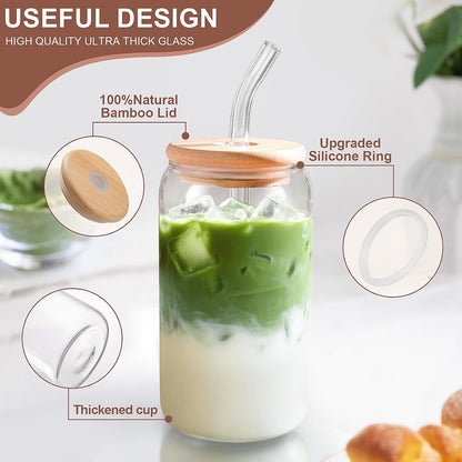 Iced Coffee Cups with Lids 2 Pcs,16 Oz Glass Cups with Lids and Straws as Coffee Bar Accessories,Beer Drinking Glasses,Reusable Glass Tumbler,Cute Coffee Cups for Coffee, Juice, Gifts