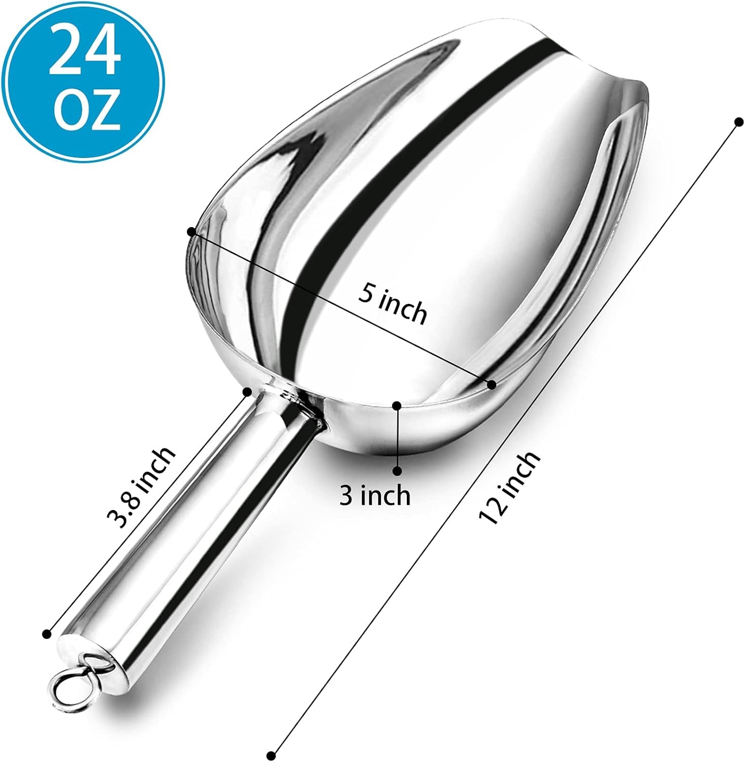 Food Ice Scoop, Stainless Steel Scoop, Metal Candy Popcorn Flour Utility Scooper for Wedding Party Bar Kitchen Bath, Heavy Duty & Dishwasher Safe, (24Oz, 1Pc)