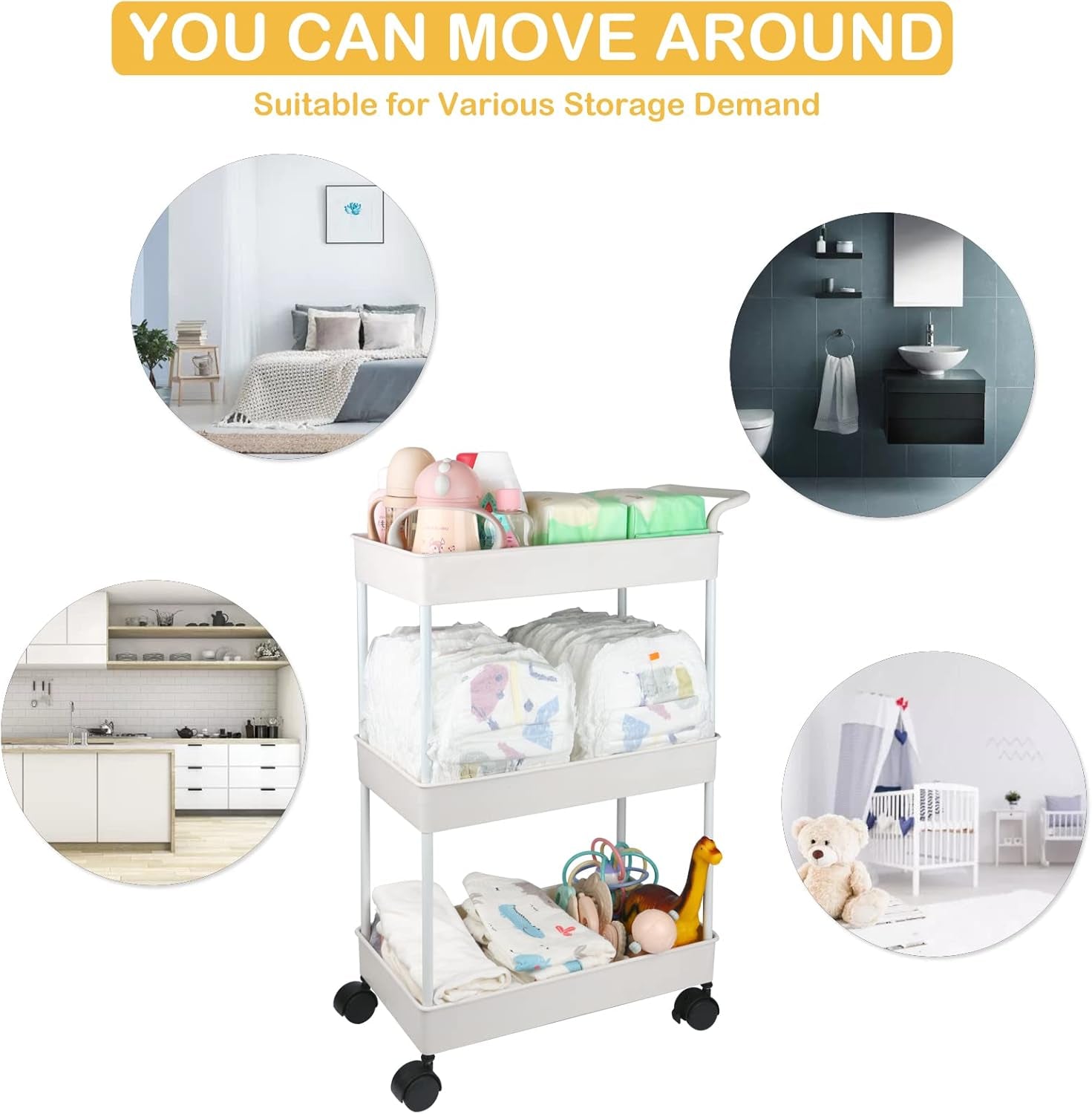 Baby Diaper Caddy, Plastic Movable Cart for Newborn Nursery Essentials Diaper Storage Caddy Organizer for Changing Table & Crib, Easy to Assemble, Beige