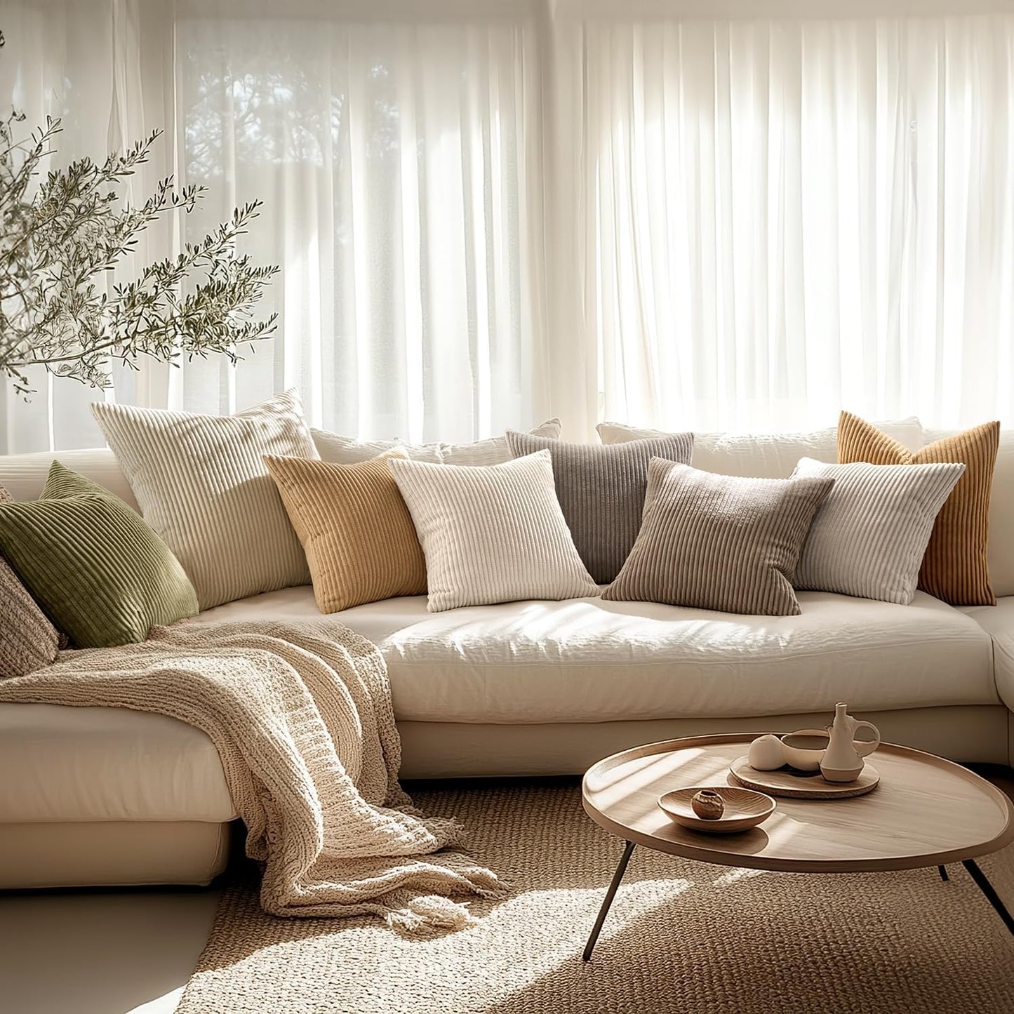 Set of 2 Cream White Corduroy Pillow Covers - Soft Decorative Square Cushion Cases for Sofa, Bedroom, and Car (18 x 18 Inches / 45 x 45 cm)