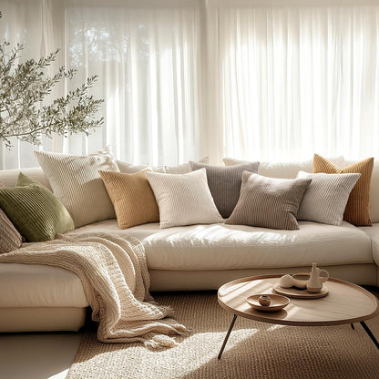 Set of 2 Cream White Corduroy Pillow Covers - Soft Decorative Square Cushion Cases for Sofa, Bedroom, and Car (18 x 18 Inches / 45 x 45 cm)