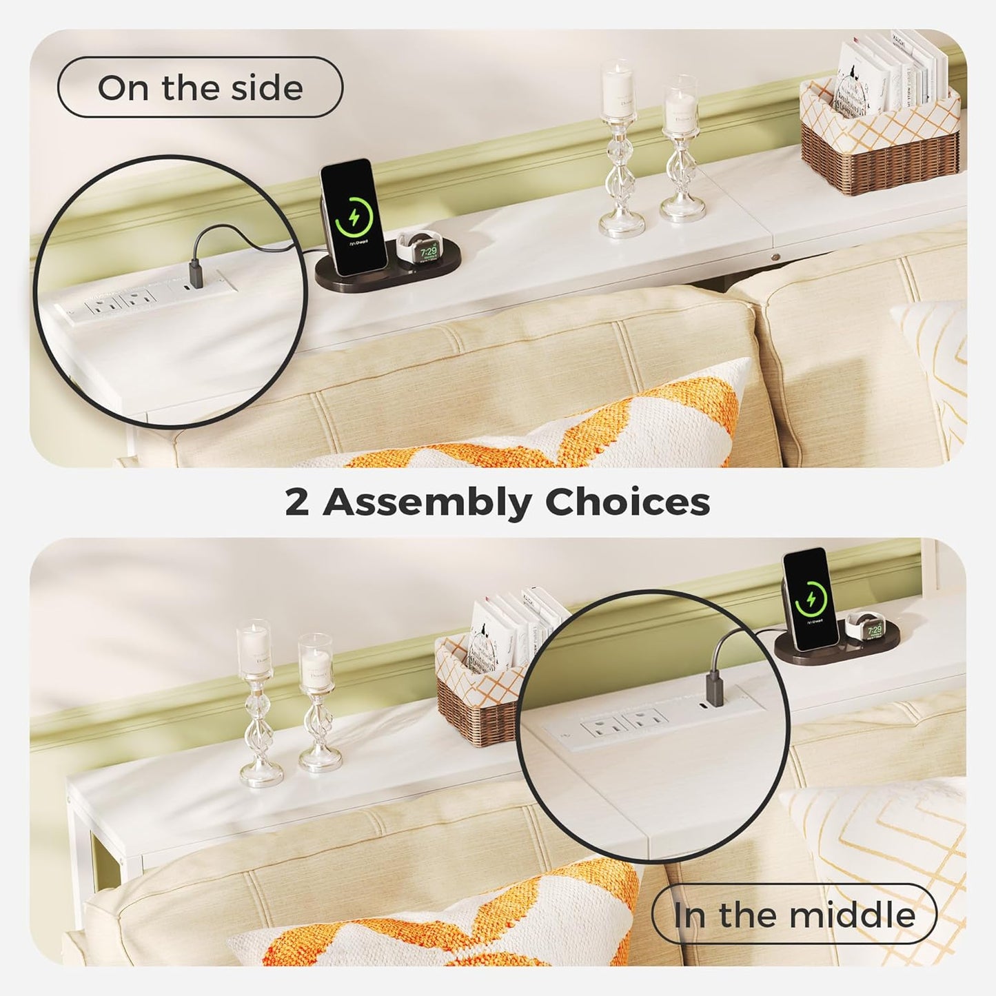 70-Inch Console Table with Integrated Charging Station, Slim Entryway Table for Living Room, White Finish