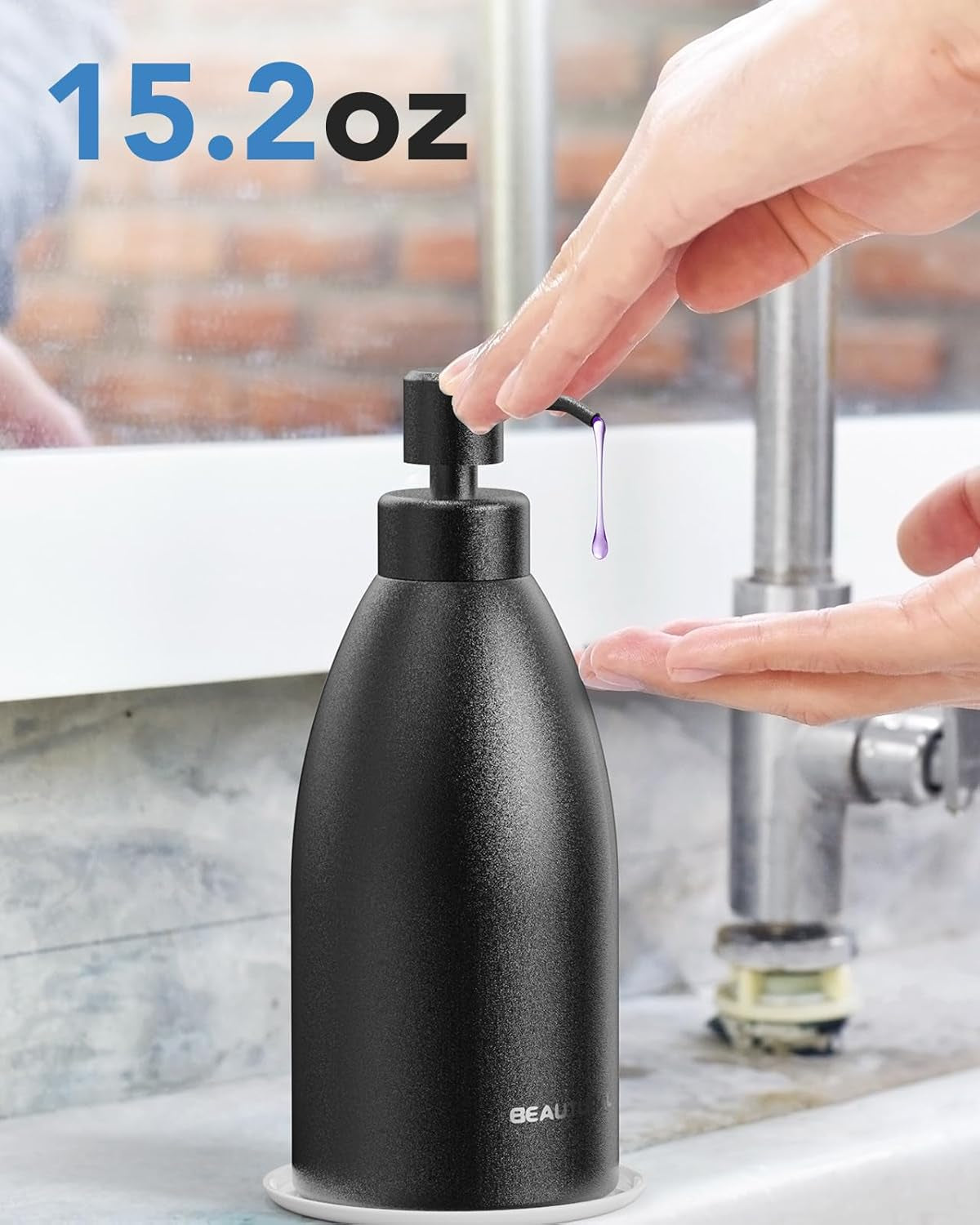 Matte Black Stainless Steel Soap Dispenser 15.2 Oz, Rust-Proof Refillable Liquid Soap Pump Bottle for Kitchen, Bathroom and Countertop Hand Dish Lotion [2025 Upgraded]