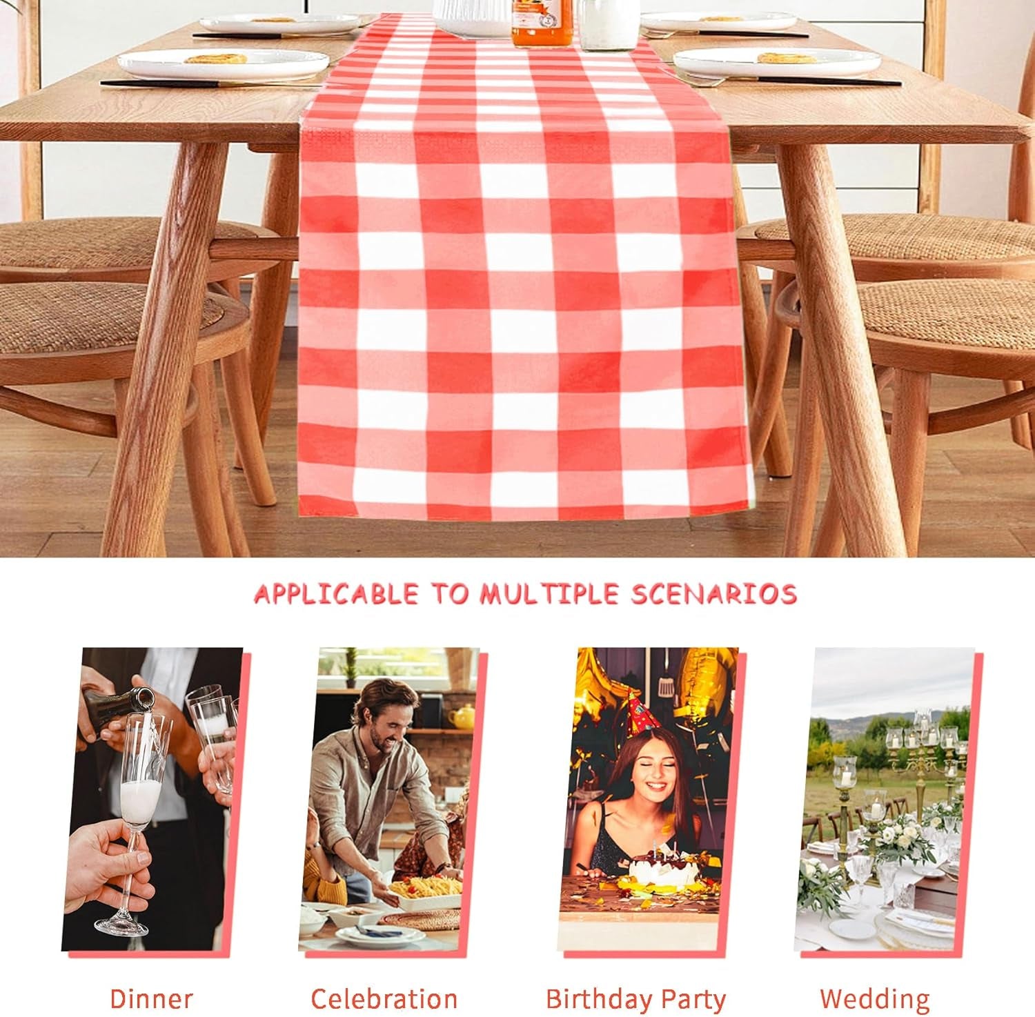 Fabric Checkered Table Runner 1 Pack Waterproof Gingham Table Runner 14W X 108L Buffalo Check Table Runners for Parties Kitchen Dining Wedding Banquet (Red and White)