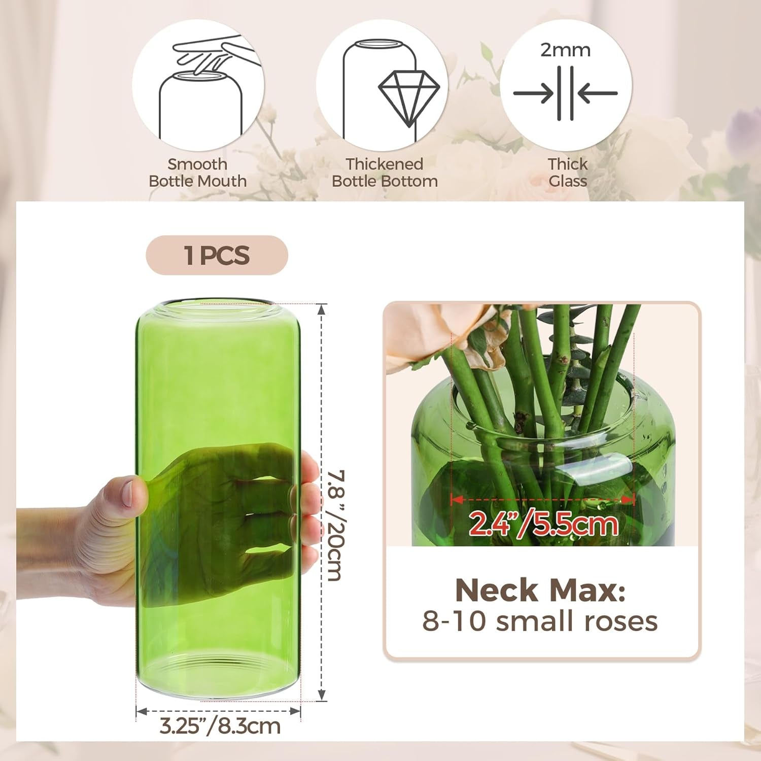 Glass Flower Vase, 8 Inch Tall Bud Vases, Home Decor Vases for Centerpiece for Living Room and Bedroom, Decorative Vases for Wedding, Valentines' Day, Mother'S Day (Green)