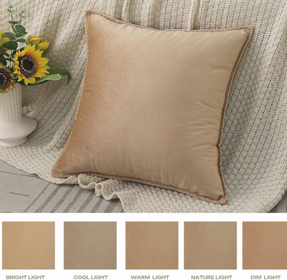 Velvet Khaki Throw Pillow Covers Pack of 2 Spring Decorative Soft for Couch Sofa Bed Livingroom Office 18×18 Inches