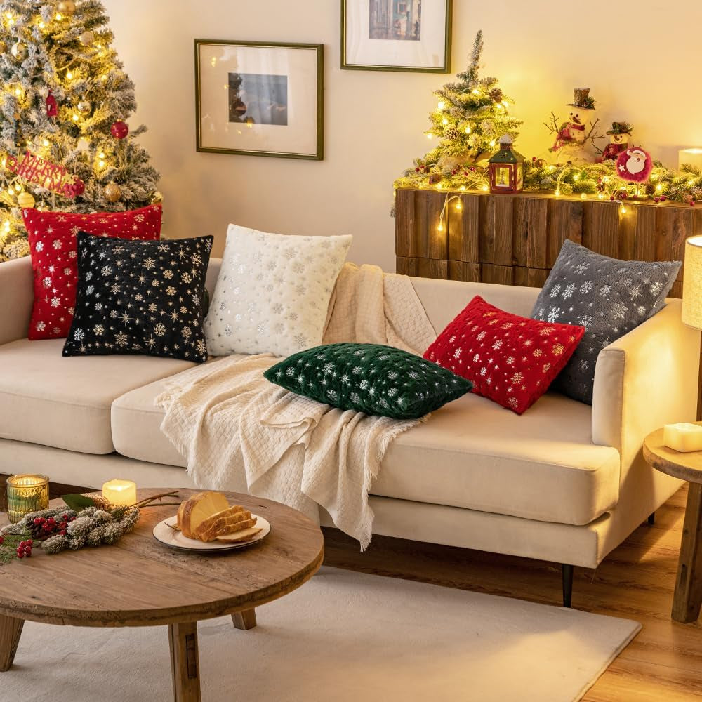 Set of 2 Christmas Decorative Throw Pillow Covers Soft Faux Fur Winter Pillow Covers with Silver Snowflake Glitter Holiday Festival Pillowcases for Couch Sofa Bed, 18×18Inch, Black