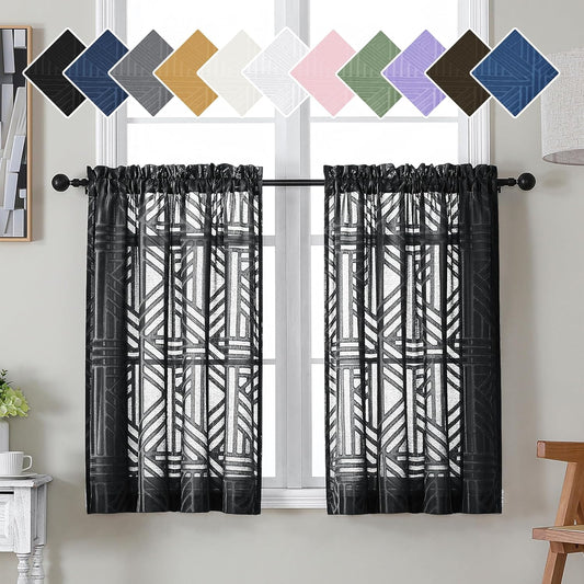 Black Sheer Kitchen Curtains 36 Inch Length Tier Curtains 2 Panels, Light Filtering Geometric Jacquard Clip Textured Semi Sheer Short Window Curtains for Bathroom, 42X36 Inch