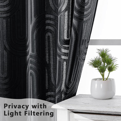Sheer Black Curtains Kitchen 36 Inch Length 2 Panels Set for Window, Soft Airy Geometric Jacquard Semi Sheer Curtains for Bathroom, Modern Rod Pocket Window Curtains, 42Wx36L Inches