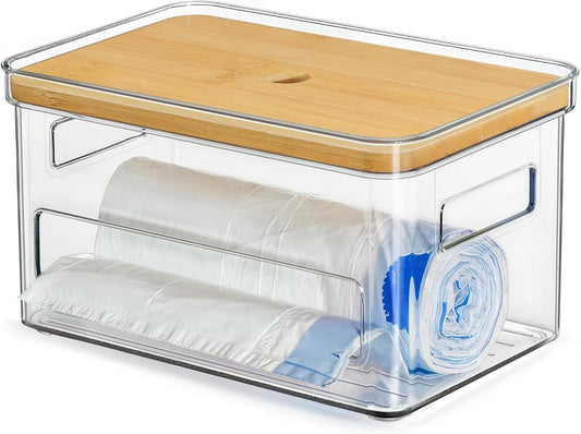 Pantry Organizers and Storage, Acrylic Clear Trash Bag Holder, Kitchen Paper Holder Stackable Toilet Tissue Storage with Bamboo Lid